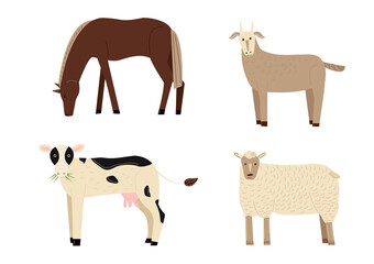 Vector set with farm animals, rustic domestic horse, cow, sheep, goat . Agricultural animals in flat style isolated on white background. Childrens illustration