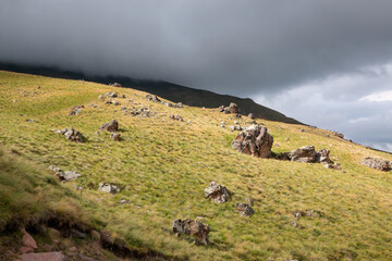 High, beautiful mountains in the Elbrus region. Unusual landscape and fantastic scenery. Beautiful mountain landscape in Kabardino-Balkaria, Russia
