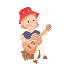Little Girl in Bucket Hat Sitting on Tree Stump and Playing Guitar Vector Illustration