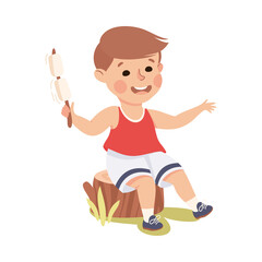 Little Boy Sitting on Tree Stump with Skewered Fried Marshmallow Vector Illustration