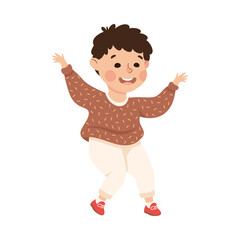 Happy Boy Jumping with Joy and Hands Up Cheering and Having Fun Vector Illustration
