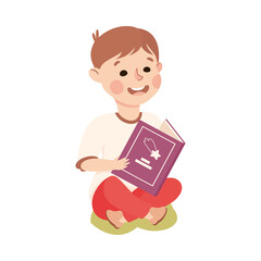 Little Boy Sitting on Green Lawn and Reading Book Vector Illustration