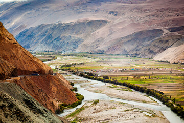 Lots of agriculture in the dry landscape in the Ocona river valley. Arequipa Region, Peru