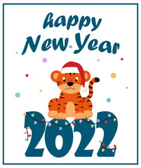 Happy New Year greeting card in cartoon style with cute little christmas tiger in santa hat and garland.