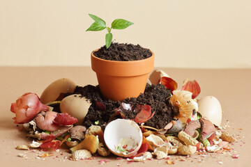 Organic waste, heap of bio compost with decomposed organic matter on top , closeup, zero waste, eco...