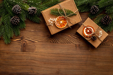 Craft paper gift boxes handmade - Christmas gifts background, top view