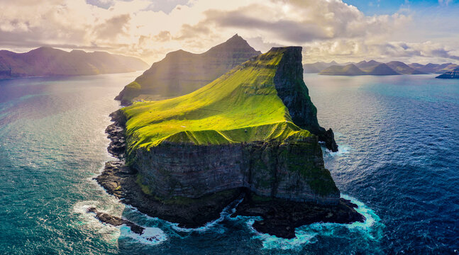 Europe, Faroe Islands. Aerial view of Trollanes, location of a lighthouse on the northern end of the island of Kalsoy.