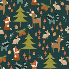 Cute woodland animals seamless pattern.  Includes deer, fox, bunnies, raccoon, trees and mushrooms.   