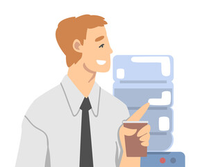 Fototapeta na wymiar Smiling Office Employee with Coffee Cup at Lunch Time Having Day Routine Vector Illustration