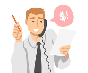 Office Employee in White Shirt and Tie Speaking by Phone Working Having Day Routine Vector Illustration