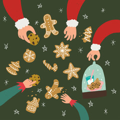Set of hand drawn Santa and elf hands grabbing a cookie and reaching for something. Gingerbread cookies of different shapes. Holiday Christmas stickers. 