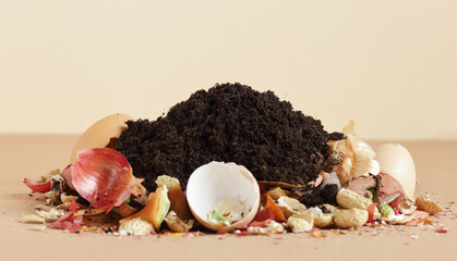 Organic waste, heap of bio compost with decomposed organic matter on top , closeup, zero waste, eco...