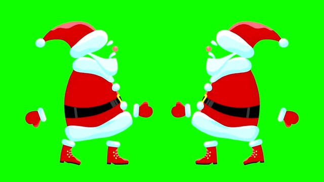 Santa Claus without a face is dancing in two versions mirrored on a green background. Looped animation for background cutout.