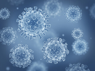 Naklejka premium Coronavirus cells in an electron microscope. 3D illustration