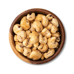 Canjica, hominy or white corn popcorn, sweet popcorn in a bowl isolated over white background