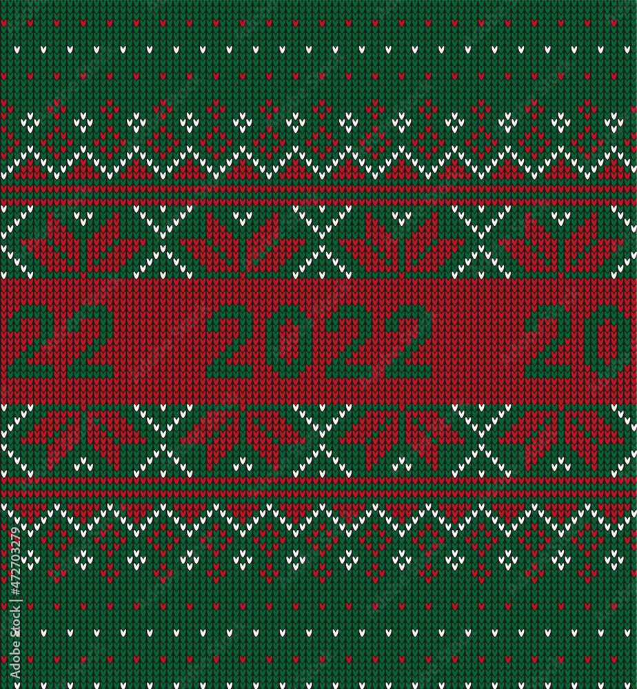 Poster New Year Seamless Knitted Pattern with number 2022. Knitting Sweater Design. Wool Knitted Texture. Vector illustration