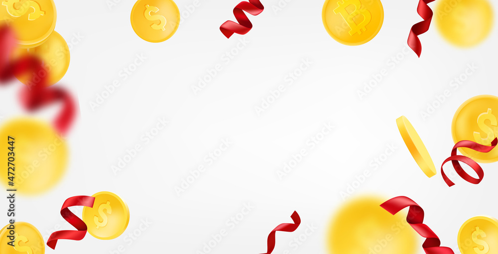 Poster golden coins and red ribbons falling down. horizontal vector banner with copy space