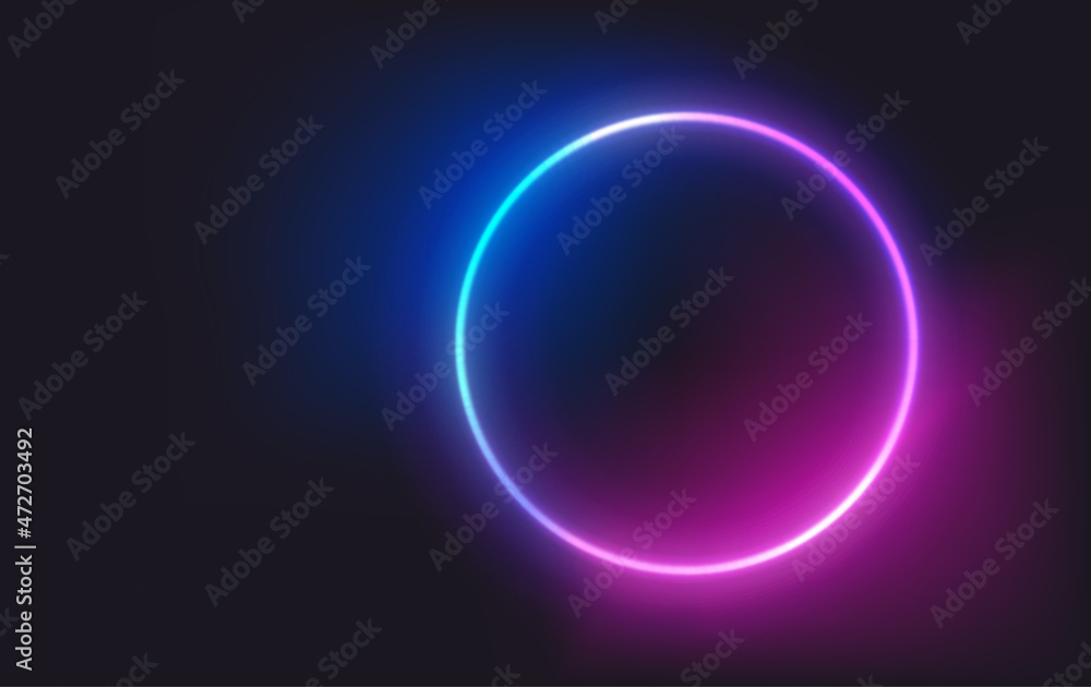 Poster circle neon glowing frame on dark background. trendy color vivid gradient. template for design