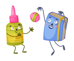 Funny Glue and Notebook as Office Supply Humanized Character Playing Ball Vector Illustration