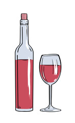 A bottle of red grape wine with glass. A pleasant alcoholic drink. Art illustration hand drawn. White background