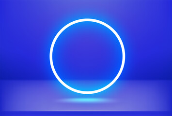 Illuminated blue room with round neon light. Realistic vector 3d illustration