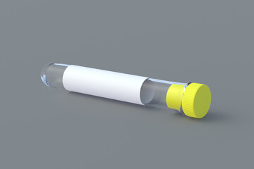 Empty test tube with cap and label. Scientific experiments. Development of vaccines, drugs. Medical reform. Modern biotechnology. Medical or science laboratory. 3d render