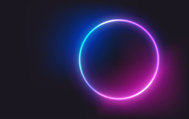 Circle neon glowing frame on dark background. Trendy color vivid gradient. Template for design