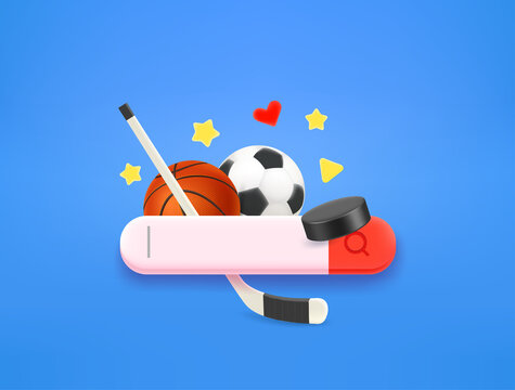 Searching for a sports in internet with search tab. 3d style vector illustration
