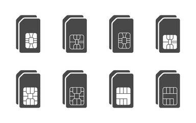 Dual sim card icons. SIM card icons set. Flat icons of sim cards of mobile phones. Vector illustration