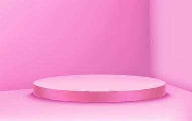 Pink room corner with circle podium. Realistic 3d style vector illustration
