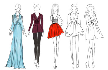 Fashion sketch. Models wearing stylish clothes on white background, illustration