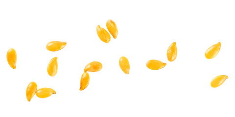 Golden flax seeds isolated on a white background, top view. Macro.