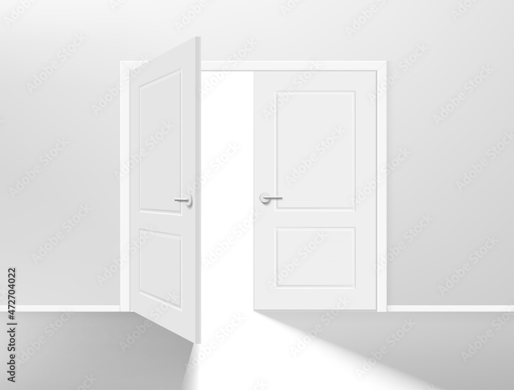 Poster opened double door entrance in a corridor. realistic 3d style vector illustration