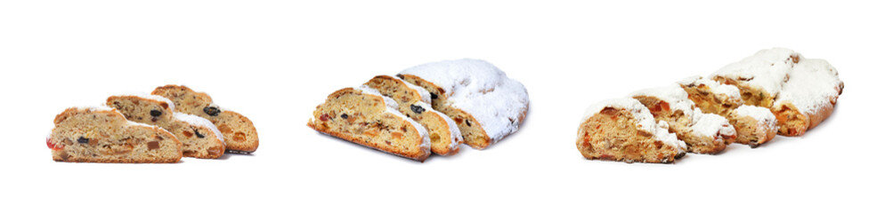 Set with traditional Christmas Stollens on white background. Banner design