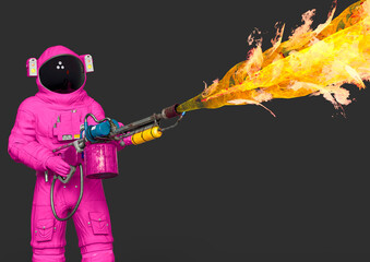 astronaut is holding a flamethrower is on fire close up view © DM7