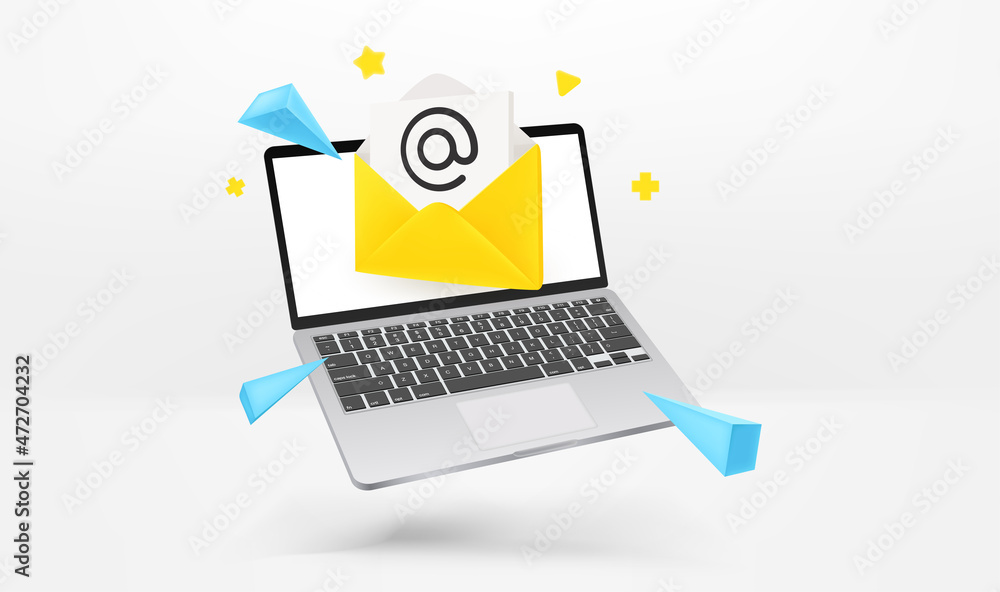 Poster sending and receiving email via modern laptop. 3d vector illustration