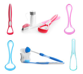 Set with different tongue scrapers, dental floss and toothbrushes on white background