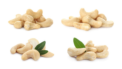 Set with tasty cashew nuts on white background
