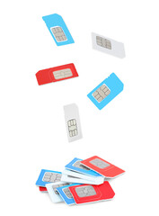 Many different SIM cards falling on white background - obrazy, fototapety, plakaty