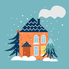 Cute winter house and trees. Pre-made composition for cards, posters and print