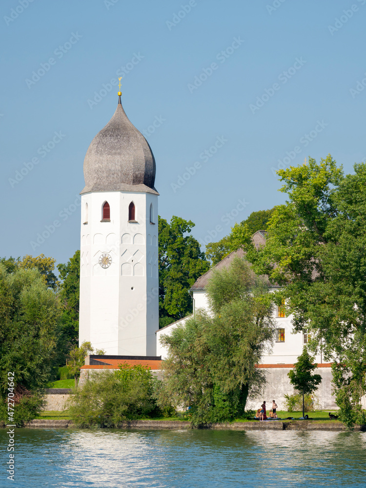 Poster monastery frauenworth on the island fraueninsel. lake chiemsee in the chiemgau. the foothills of the