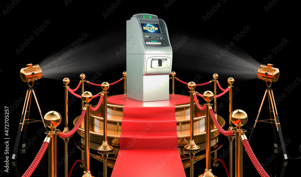 Poster atm machine on the podium, 3d rendering