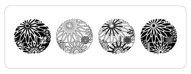 Round Floral Icon_Black/White_4 Sets
