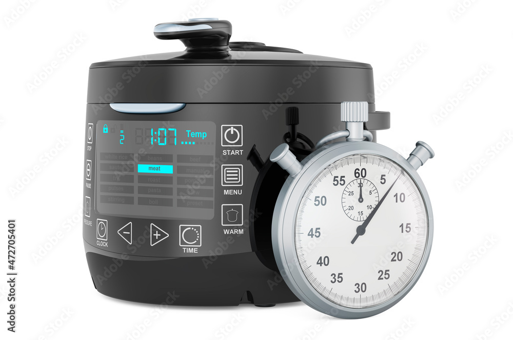 Poster stopwatch with automatic multicooker, 3d rendering