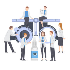 Ophthalmology with Health Care Professional Near Huge Refractometer Engaged in Eye Examination and Sight Test Vector Illustration