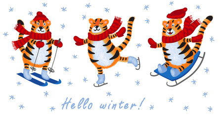Cute cartoon animals are engaged in winter sports: ice skating, skiing, sledding. New Year and Christmas funny tiger cubs in scarves and hats. Snow is falling. The tiger is the symbol of 2022