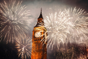fireworks over Big Ben New Year celebrations in London, UK