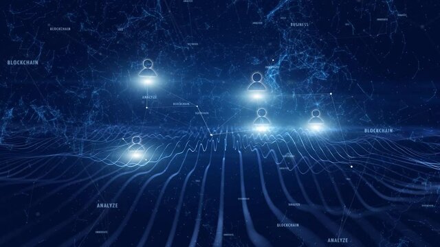 Cryptocurrency blockchain mining business network animation seamless loop background with shining people icons.