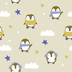Merry Christmas seamless pattern with penguins, in vector.