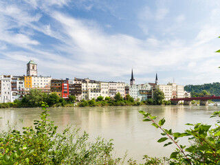 Naklejka premium The famous waterfront and river Inn. The medieval old town of Wasserburg am Inn in the Chiemgau region of Upper Bavaria, Europe, Germany, Bavaria
